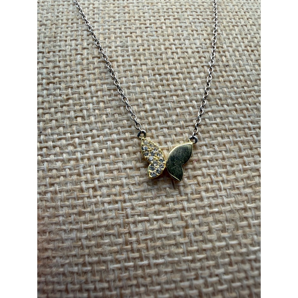 Sterling Silver 925 Two Tone Gold Butterfly CZ Pendant Necklace 18 Inch